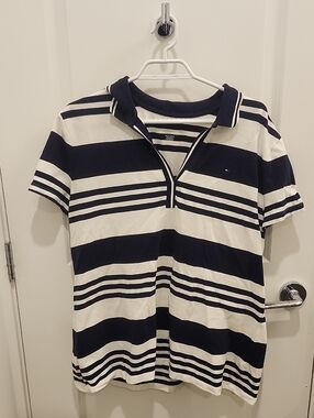 Tommy Hilfiger Navy Blue & White Striped Polo Shirt Womens XXL